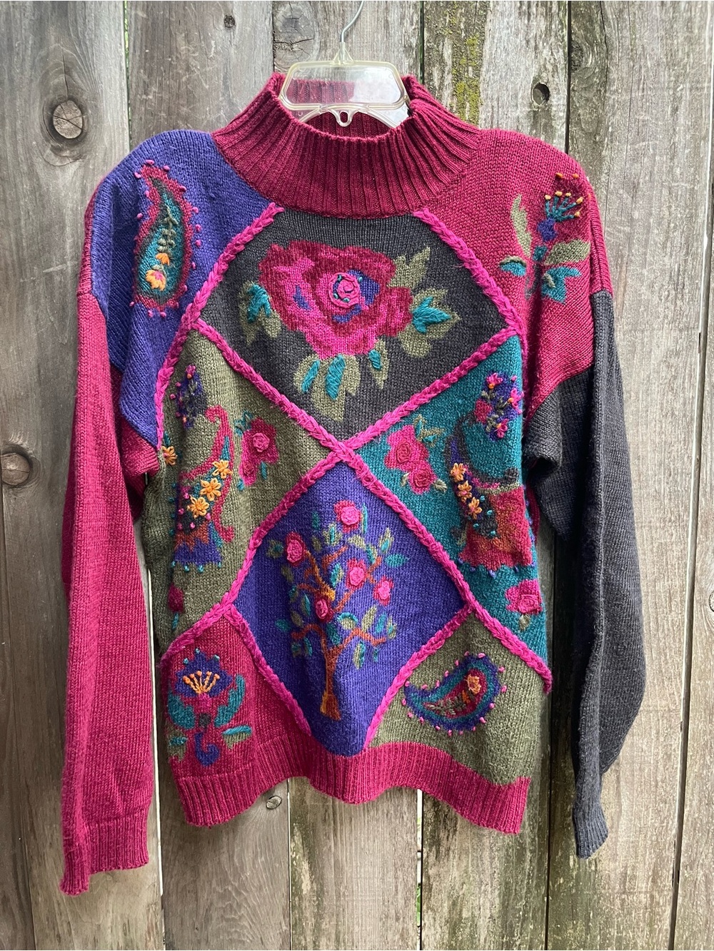 True Vintage Jantzen Burgundy Multicolor Floral Patchwork Embroidered Sweater